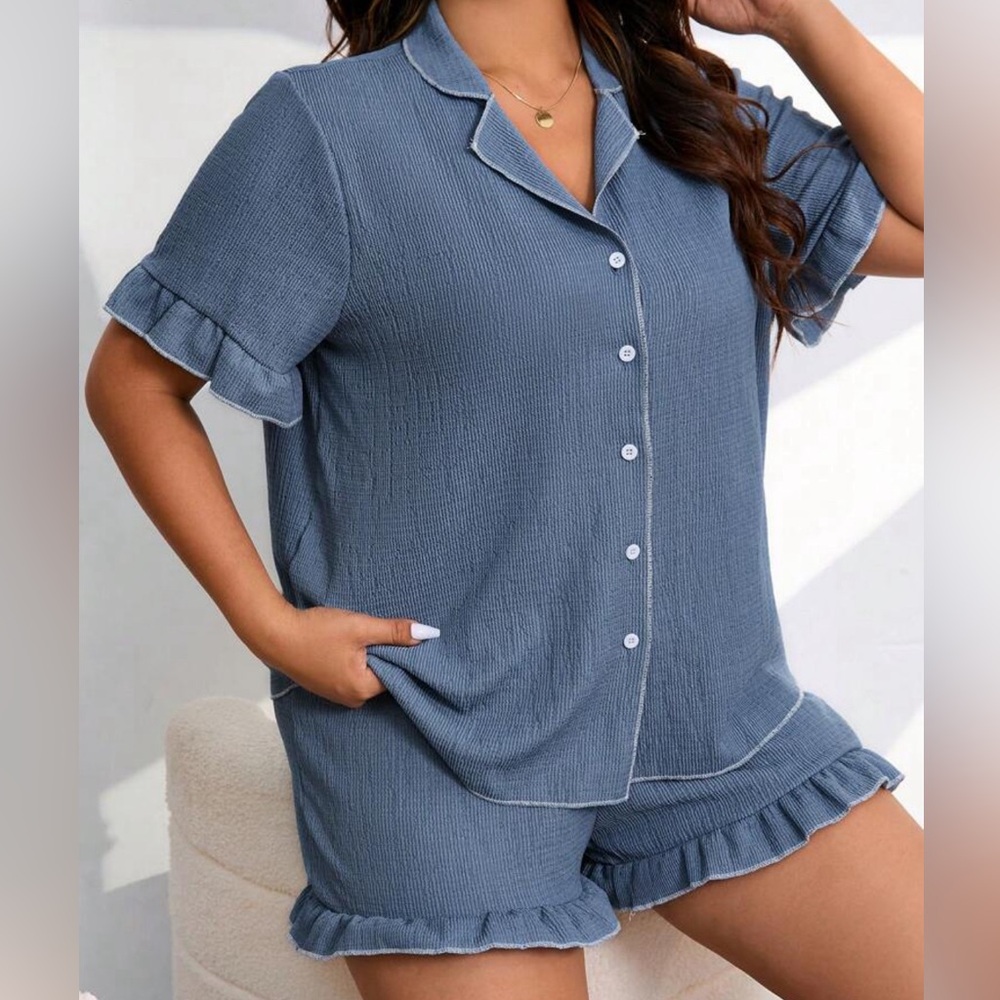 Plus size pajamas - matching set with Exposed Seams And Ruffled Hem